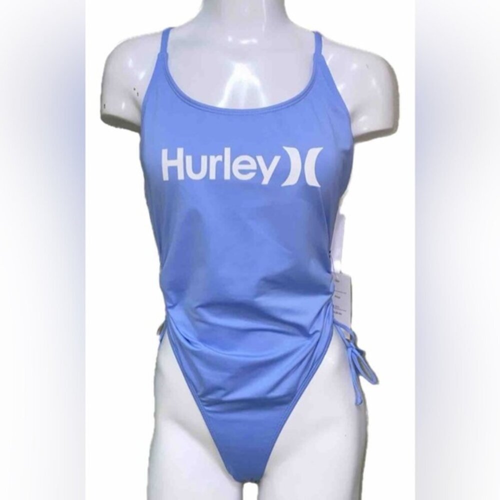 NWT Hurley Light Blue One Piece Swimsuit Front Logo Ruched Sides HURN230 LARGE